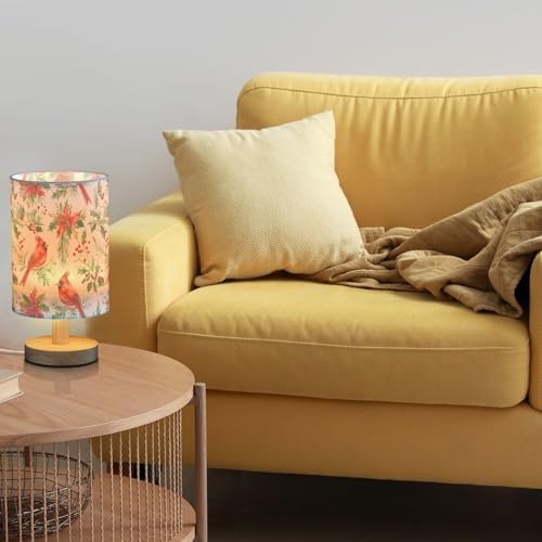Christmas Red Bird Green Leafs Holy Berry Bedside Table Lamps with USB Port for Bedroom Lamp Small Nightstand Lamp Linen Shade Wooden Decorative Lamps for Winter Holiday Living Room Home Dorm Kids