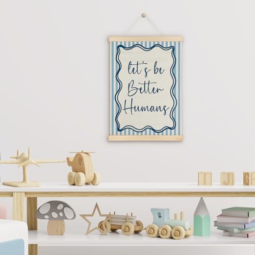 SereneHanctuary Blue Striped Inspirational Wall Art, Motivational Wall Decor, Let's Be Better Humans Positive Quote Poster Hanger Frame for Kids Room Nursery Playroom Home Decor, 12x16 Inch