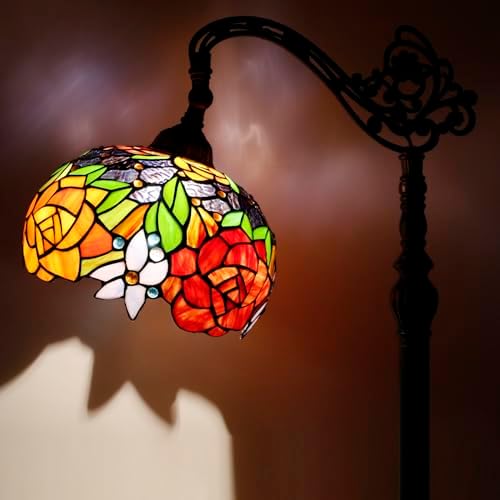WERFACTORY Tiffany Floor Lamp Red Rose Flower Stained Glass Arched Lamp