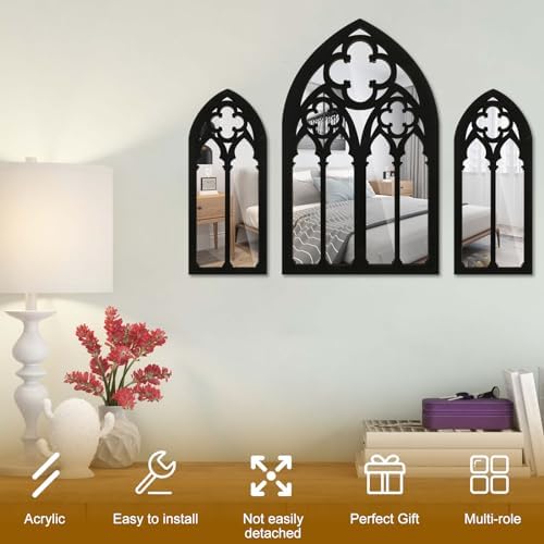 3Pcs Gothic Mirrors Wall Decor 11.8" Arched Decorative Mirrors Wall Mounted Goth Room Decor Vintage Cathedral Window Mirror Indoor Accent Wood Framed Entry Mirror for Living Room Bathroom
