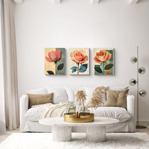 NAN Wind 3Pcs Abstract Rose Wall Art Canvas Print Minimalist Floral Painting Modern Geometric Flower Botanical Artwork Mid Century Style Home Decor Green Teal Beige Decor for Living Room Bedroom