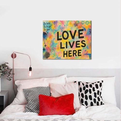 Crekviy Banksy Wall Art Street Graffti Wall Decor Romantic Love Canvas Prints Painting Love Lives Here Artwork Decorations for Bathroom Bedroom Living Room Framed Gifts 16"x20"