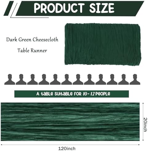 3 Pack 120 Inch Dark Green Cheesecloth Table Runner Boho Rustic Gauze Sheer Romantic 10 FT Long Cheese Cloth Table Runner for Bridal Baby Shower Wedding Party Birthday Holiday Home Easter Decor