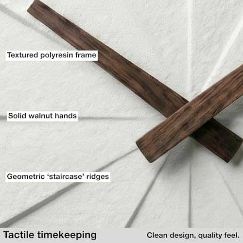 Driini Modern Wall Clock with No Numbers and Wooden Hands. White 12.5 Inch | Silent battery operated quartz; frameless oversized polyresin face; decorative minimalist style for a living room or office.
