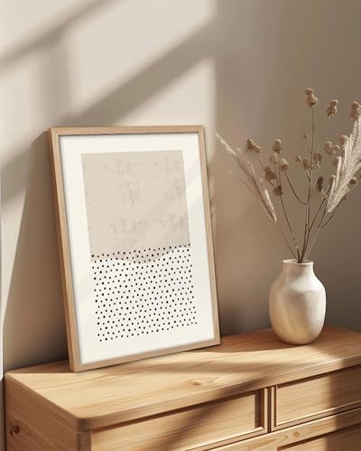 KensTro 12x16 Oak Framed Beige Christian Abstract Wall Art | Natural Oak Wood Frame with Beige Texture and Black Dot Pattern, Minimalist Faith-Inspired Decor for Living Room or Bedroom