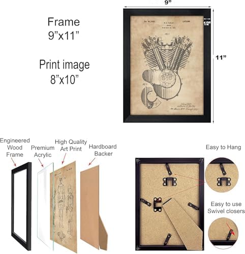 Harley Motorcycle Wall Art Set of 6, Man Cave Decor Gift, 8"x10" Framed | Industrial biker-themed illustrations suit garages, bars and offices, arriving ready to hang for riders and collectors