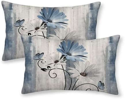 Baby Blue Floral Pillow Covers 12 x 20 Inch Set of 2 Daisy Floral Butterfly Decorative Throw Pillow Covers Linen Rustic Farmhouse Cushion Cases for Home Sofa Couch Living Room Decor
