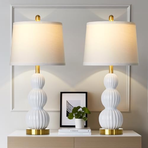 28" White Ceramic Table Lamps Set of 2, Modern Bedside Lamps for Night Stands, Triple Gourd Table Lamp for Living Room End Table or Bedroom Nightstand (2 LED Bulbs Included)