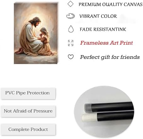 Jesus Praying with Girl Wall Art, Christian Canvas Art, Unframed, 16x12 in | Designed for bedrooms, churches, nurseries, or prayer spaces; depicts a comforting faith scene for families and believers.