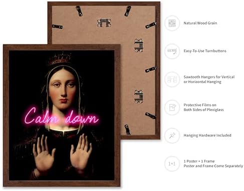 Poster Master Calm Down Print - The Virgin With The Crown Poster - Altered & Pop Art - Housewarming Gift for Men & Women - Chic Decor for Bedroom, Living Room or Dorm - 11x14 Brown Framed