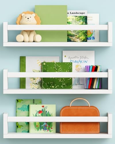 Harwaya White Nursery Floating Book Shelves for Wall Set of 3, Kids Wall Shelves for Baby Room Bedroom, Modern Hanging Bookshelf for Baby Toddler Children Girls Boys Decor and Toys Books Storage