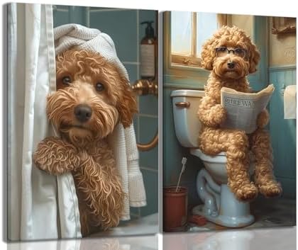 Yaneiro Funny Bathroom Canvas Wall Art-Set of 2 Poodle On Toilet Reading Newspaper Wall Decor Goldendoodle In Shower Humor Animal Poster Picture for Dog Lovers Restroom Ideas Decor 16x24 Inch Framed