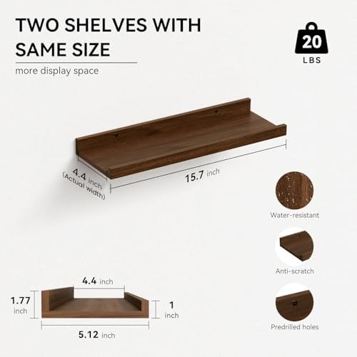 Boswillon Floating Shelves Set of 2, Small Wall Shelf with Lip, 16in, Walnu