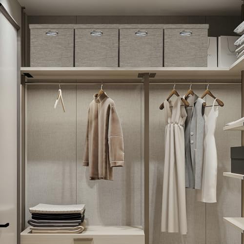 Posprica Storage Bins with Lids,13×13×13 Foldable Storage Cube Baskets Boxes Fabric Drawers for Closet Shelf Cabinet Bookcase,Set of 4,Coffee