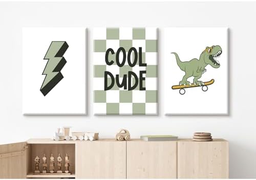 Nursery Dinosaur Wall Art Set of 3 Boys Room Canvas Decor Toddler Kids Art Prints Dinosaur Skateboard Pictures Poster Boys Dino Artwork Decor for Bedroom 12x16 Inch Unframed