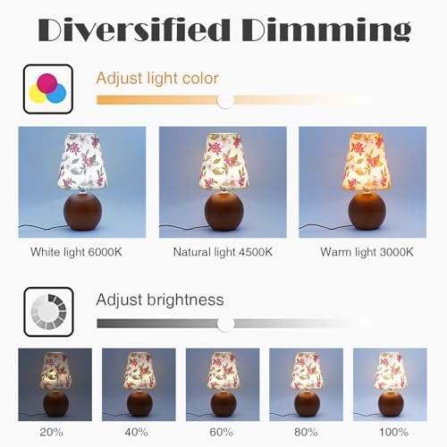 Vintage Wooden Night Lamp, Wood Base Fabric Lampshade, Adjustable Light Color and Brightness with Power-Off Memory, Safe USB Powered, Retro LED Table Light for Bedroom Living Room Office (Red Flowers)