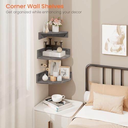 Homode Corner Floating Shelves, Set of 3 Corner Wall Shelves for Storage and Display, 3 Tier Wood Hanging Shelf Organizer for Cable Box, for Bedroom, Bathroom, Kitchen, Rustic Grey
