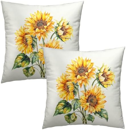 Watercolor Sunflower Throw Pillow Covers 20x20 Inch Set of 2 Floral Spring Summer Pillow Case Yellow Flowers Vintage Pillowcases Farmhouse Rustic Seasonal Cushion Cases for Home Couch Sofa