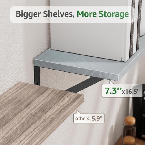 COCOYA Wall Shelves 7.3" Deep Solid Paulownia Wood (Grey, Set of 4)