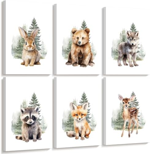 Woodland Animal Nursery Wall Art Decor Set of 6 Baby Boys Room Wall Art Forest Animal Canvas Wall Decor Kids Art Prints Watercolor Bear Deer Fox Pictures Artwork for Bedroom 8x10 Inch Framed