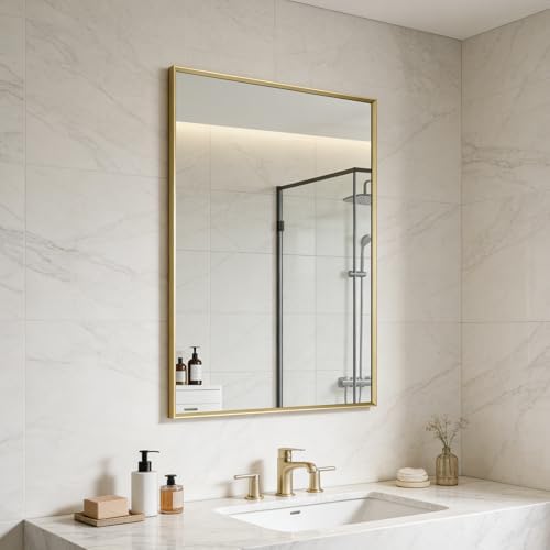 Bathroom Mirror for Wall, 36x24 Inch Framed Vanity Mirror Brushed Gold | Rectanglar Metal Beveld Framed Mirror for Over Sink, Tempered Glass, Anti-Rust, Hangs Horizontally or Vertically