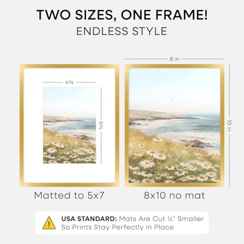 Homeforia 8x10 Gold Picture Frame, High-End Metal, 5x7 Mat, Glass