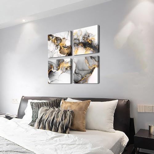Abstract Texture Wall Art Black and Gold Marble Wall Decor for Living Room Watercolor Ink Fluid Lines Picture Canvas Print Minimalist Painting Framed Artwork Bedroom Office Home Decoration 20x20” 4Pcs