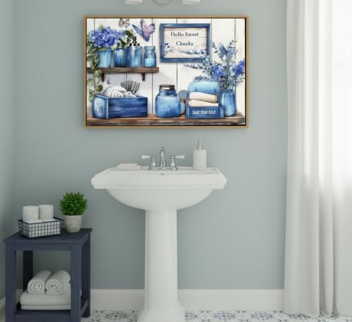 Framed Navy Blue Bathroom Canvas Wall Art Blue Flowers and Butterflies Painting Picture Wall Decor Poster Print Artwork for Toilet Washroom Restroom Home Decoration