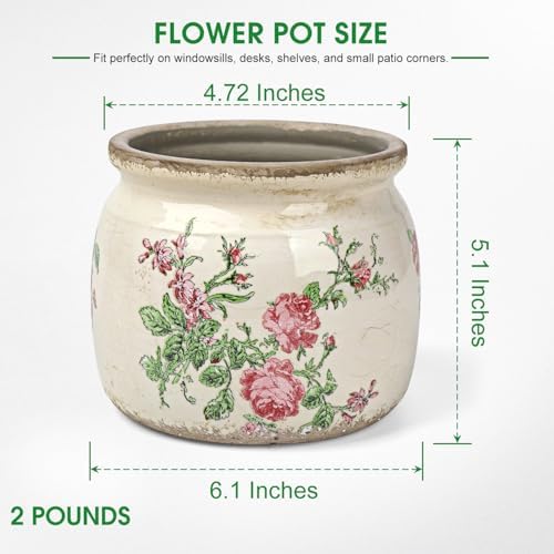 Flower Pots Planters for Indoor Plants Ceramic Plant Pots with Drainage 6.1 Inch Vintage Ceramic Pots for Plants Outdoor Home Garden Decor, Vintage Pink Rose