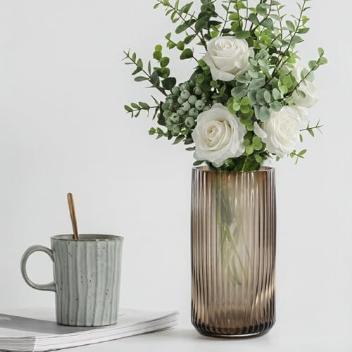 11 Inches Tall Amber Ribbed Vase for Flowers, Glass Vase for Centerpieces, Dining Table, Countertops, Entryway, Thick Decorative Vases for Home Decor, Living Room, Kitchen, Bedroom, Office