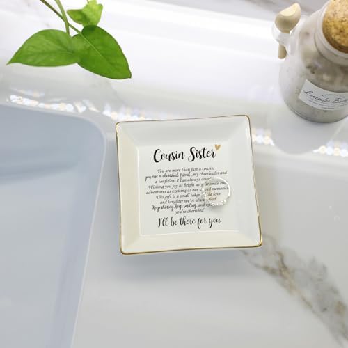 HOME SMILE Cousin Sister Gifts Mother's Day,Ceramic Ring Jewelry Dish Tray Plate for Birthday Graduation Christmas Wedding-You are More Than Just a Cousin,You Are a Chrished Friend