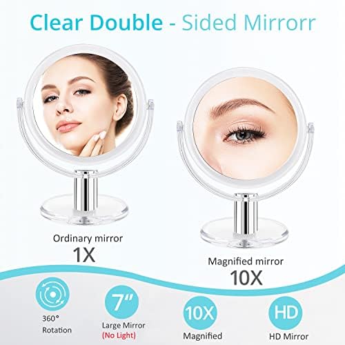Magnifying Makeup Double Sided Mirror 1x 10x Magnification Desk Mirror 7'' | Fabuday Tabletop Magnified Mirror with Stand, Two Side Cosmetic Vanity Acrylic Mirror, 360° Rotation, Clear