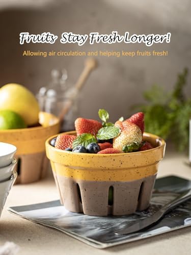 Gomakren Ceramic Berry Bowl Set of 2 Harvest Fruit Basket, Yellow + Brown