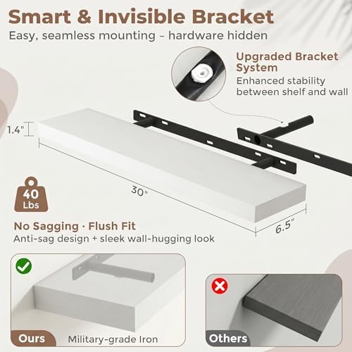 FLYJOE 30 Inch Floating Shelves for Wall Set of 2, 6.5" D Wood Grain Bathroom Shelves with Invisible Brackets, Easy Install Engineered Wood Storage Shelves for Kitchen, Living Room, Bedroom