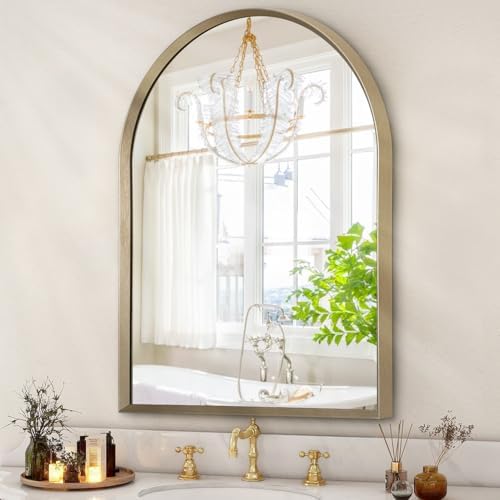 Bathroom Arched Wall Mirror Brushed Metal Vanity Wall Mounted Mirror for LivingRoom Bedroom Entryway Room Vanity Home Decor 26"x18"