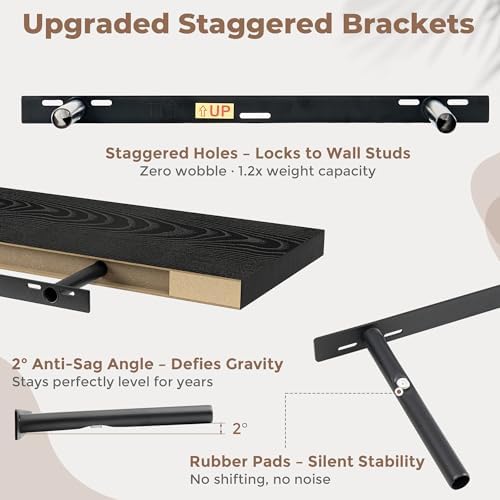 FLYJOE 22.5 Inch Floating Shelves for Wall Set of 2, 6.5" D Wood Grain Bathroom Shelves with Invisible Brackets, Easy Install Engineered Wood Storage Shelves for Kitchen, Living Room, Bedroom