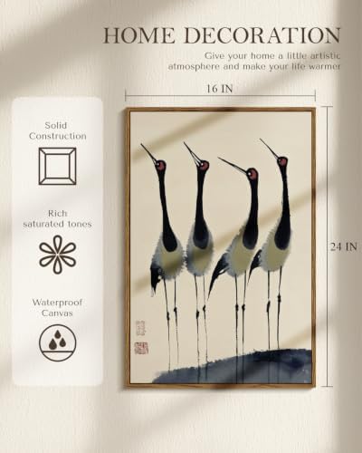 WHASAYART Vintage Framed Ink Crane Wall Art Bird Canvas Wall Decor 16x24 | Four Red-Crowned Cranes Traditional Brush Painting Print, Minimalist Chinese Japanese Bird Nature Artwork for Modern Bathroom