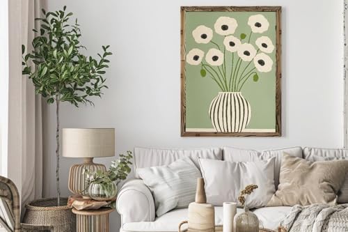 Green Poppy Floral Wall Art Abstract Botanical Wall Print Painting | Vintage Green Flower Pictures Wall Decor Boho Floral Canvas Wall Art Home Decor for Living Room Bedroom 16x24 Inch Unframed