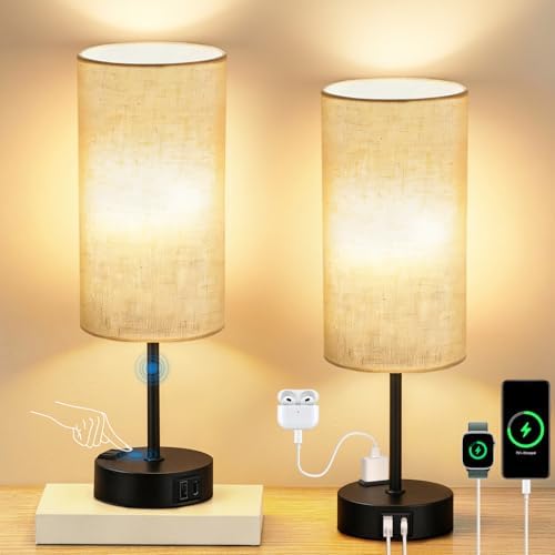 2PCS Table Lamp for Bedroom, Dimmable Touch, AC Outlet, USB A+C