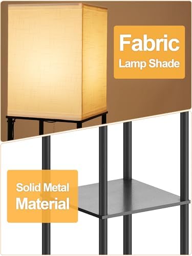 Floor Lamp with Shelves for Living Room, Shelf Floor Lamp with 3 CCT LED Bulb, Corner Display Standing Column Lamp Etagere Organizer Tower Nightstand with White Linen Shade for Bedroom, Office