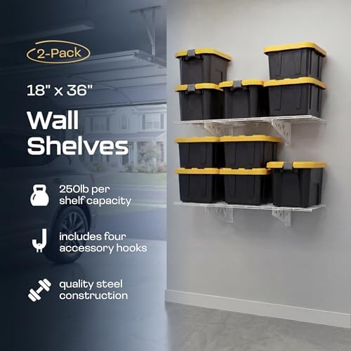 MonsterRax 18x36 White Garage Wall Shelf 2-Pack, 500lb, White