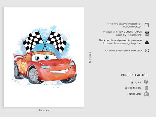 Nistio® Cars Movie Poster Prints, Cars Movie Poster Wall Art Decor, Lightning McQueen, Set of 6, 8x10 inches (Unframed)