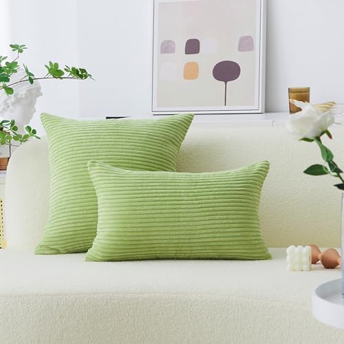 Home Brilliant Throw Pillow Covers 18x18 Set of 2 Super Soft Corduroy Striped Pillow Covers Decor Cushion Covers for Couch Bedroom Decor, 18 x 18 inch, Apple Green