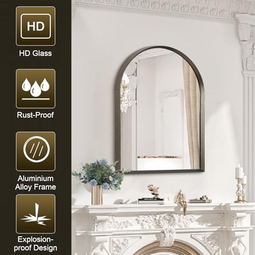 Arched Mirrors for Wall, Brushed Metal Frame Mirror, Arch Bathroom Vanity Mirror for Living Room Bedroom Mantel Entryway Hallways Home Decor Aluminum Alloy Frame 20"x16"