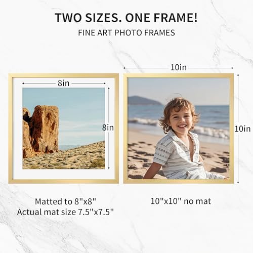 Fun Memories 10x10 Aluminum Picture Frame, Premium Square Photo Frames with Mat for 8x8 or Without Mat for 10x10, Simple and Elegant Decor for Wall Mounting, Gold, 1 Pack