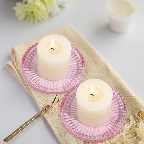 Vixdonos 3.8 Inch Glass Pillar Candle Holder Set Pack 2 Gear Round Plate Serrated Candle Stand for Table Centerpieces,Party, Wedding and Home Decor