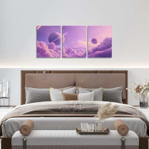 Feelyou Purple Galaxy 3 Piece Canvas Wall Art for Living Room Bedroom Starry Solar System Wall Art for Home Decor 3D Printed Space Office Decor Artwork Dreamy Nebula Picture Painting Posters
