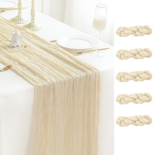 Sioloc 5 Pack Beige Cheesecloth Table Runner 120'' x 35'',Spring Easter Decor Soft Gauze Boho Wedding Table Decor for 10ft Table Birthday Party,Baby Shower, Bridal Shower, Home & Event Decor