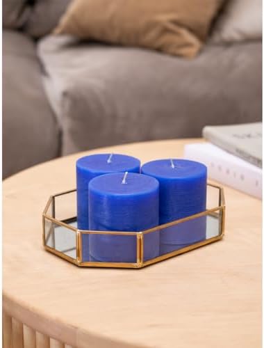 CANDWAX 3x3 Pillar Candles Set of 3 - Rustic Unscented No Drip Blue Candles for Home Decor, Weddings, Centerpieces