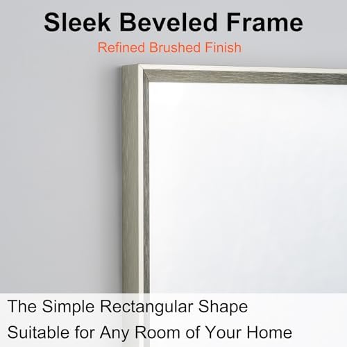 Bathroom Mirror for Wall, 24x16 Inch Framed Vanity Mirror Brushed Nickel | Rectanglar Metal Beveled Framed Mirror for Over Sink, Tempered Glass, Anti-Rust, Hangs Horizontally or Vertically